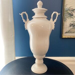 Williams Sonoma Home White Ceramic Urn Vase with Scrolled Handles and Lid